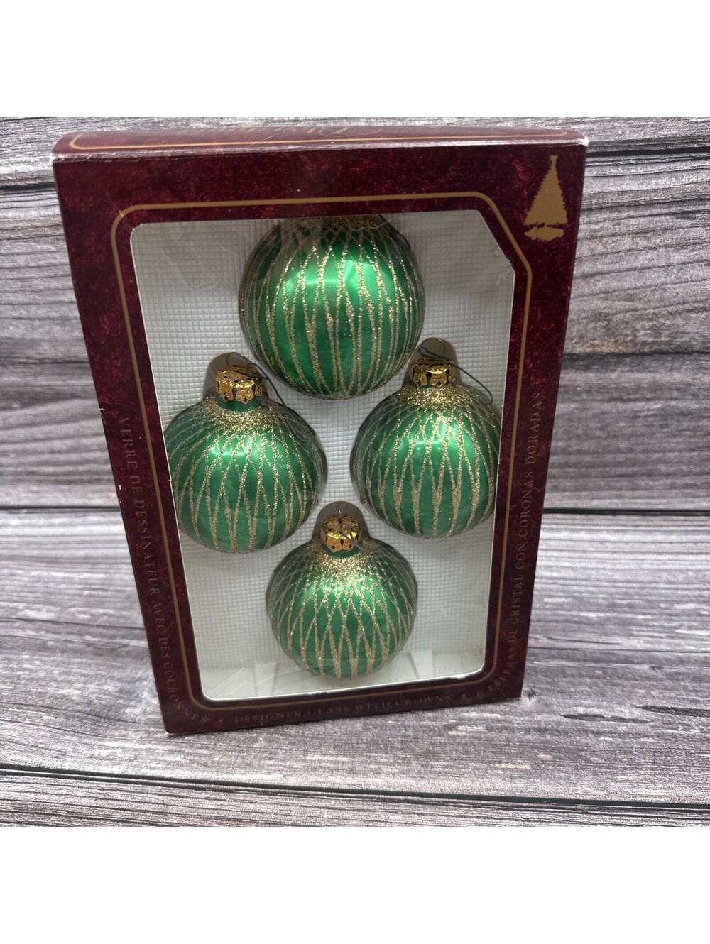 Vtg Krebs Glass Christmas Ornaments Hand Decorated Boxed Set 4 Green Gold